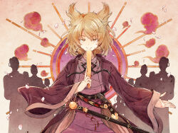 1girl aura belt belt_buckle black_belt blonde_hair brown_kimono buckle closed_mouth cowboy_shot dress earrings falling_petals fingernails gold hair_between_eyes hair_ears hisona_(suaritesumi) holding japanese_clothes jewelry kimono long_sleeves looking_at_viewer open_clothes open_kimono petals pink_dress short_hair silhouette smile solo_focus standing touhou toyosatomimi_no_miko wide_sleeves wind yellow_eyes