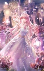 1girl aerial_fireworks bare_arms bare_shoulders blue_sky blunt_bangs bouquet brown_eyes castle closed_mouth cloud dream_of_memories_(shining_nikki) dress eyelashes feet_out_of_frame fireworks flower frilled_dress frills game_cg garden gradient_sky happy highres holding holding_bouquet lamppost leaf light_particles long_hair looking_at_viewer milky_rose_pose nikki_(nikki) nikki_(series) official_art orange_sky outdoors pantyhose petals pink_flower pink_hair pink_ribbon pink_rose purple_dress ribbon rose shining_nikki sidelocks single_strap skirt_hold sky sleeveless sleeveless_dress smile solo standing strapless third-party_source tiara tree twilight vase very_long_hair white_pantyhose