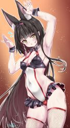1girl absurdres animal_ear_fluff arm_up armpits artist_name azur_lane black_hair breasts cosplay covered_navel extra_ears fishnet_thighhighs fishnets flying_sweatdrops hand_up highres leotard long_hair looking_at_viewer nagato_(azur_lane) open_mouth shimakaze_(azur_lane) shimakaze_(azur_lane)_(cosplay) shimakaze_(world&#039;s_speediest_bunny_waitress)_(azur_lane) signature small_breasts thighhighs umyonge_(lkakeu) very_long_hair yellow_eyes