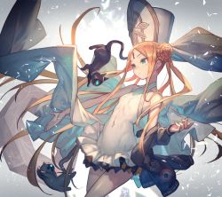 1girl abigail_williams_(fate) abigail_williams_(swimsuit_foreigner)_(fate) abigail_williams_(swimsuit_foreigner)_(second_ascension)_(fate) black_jacket blonde_hair blue_eyes cat covered_navel creature double_bun expressionless fate/grand_order fate_(series) floating_clothes frilled_swimsuit frills glowing hair_bun hat highres jacket keyhole lack long_hair long_sleeves mitre one-piece_swimsuit parted_bangs sidelocks simple_background smile solo swimsuit very_long_hair white_background white_one-piece_swimsuit