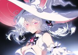 1girl absurdres animal_ear_fluff animal_ears bare_shoulders blush bow bowtie breasts cleavage collar collared_leotard commentary_request detached_sleeves ears_through_headwear hair_between_eyes hair_ornament hat highres large_breasts large_hat leotard long_hair looking_at_viewer multicolored_hat night night_sky original playboy_bunny rabbit_ears rabbit_girl red_eyes red_hat savi_(byakushimc) sidelocks sky smile solo star_(sky) thick_eyebrows thick_eyelashes two-tone_hat upper_body white_collar white_hair white_hat white_leotard white_sleeves witch_hat