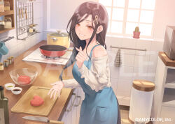 1girl apron bare_shoulders black_hair black_skirt blue_apron blush bottle braid cactus cloth cooking cooking_oil cooking_pot copyright_notice counter cowboy_shot cup cutting_board drawer finger_heart food from_side frying_pan grin hair_ornament hairclip hamburger_steak heart heart-shaped_food indoors jar kitchen kitchen_knife ladle long_hair looking_at_viewer looking_to_the_side mixing_bowl mole mole_on_neck mug muntins nijisanji off-shoulder_sweater off_shoulder official_art orange_eyes oven plant potted_plant raw_meat sample_watermark shirayuki_tomoe single_braid skirt smile solo spice_rack standing stove sunlight sweater swept_bangs tile_wall tiles towel_rack trash_can utensil_rack virtual_youtuber watermark whisk white_sweater window yukiyama_momo