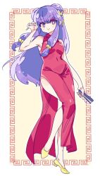 1girl absurdres bell bowl breasts chinese_clothes double_bun dress food hair_bell hair_bun hair_ornament highres long_hair looking_at_viewer noodles purple_hair ramen ranma_1/2 red_dress red_eyes red_shoes shampoo_(ranma_1/2) shoes sidelocks solo