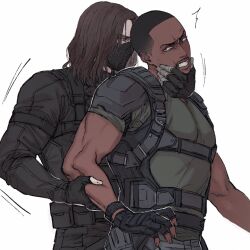 2boys animification black_bodysuit black_gloves black_hair black_mask black_vest bodysuit brown_hair bucky_barnes captain_america:_the_winter_soldier captain_america_(series) commentary_request covered_mouth dark-skinned_male dark_skin fingerless_gloves fingernails gloves grabbing_another&#039;s_arm grabbing_another&#039;s_face green_shirt grey_eyes gyeleul highres korean_commentary looking_at_another looking_back male_focus marvel marvel_cinematic_universe mask mouth_mask multiple_boys muscular muscular_male pocket prosthesis prosthetic_arm sam_wilson shirt short_hair short_sleeves simple_background sweatdrop teeth the_falcon v-shaped_eyebrows vest white_background winter_soldier wristband