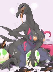1girl aftersex creatures_(company) cum egg furry game_freak gen_7_pokemon highres kame_(3t) multiple_boys nintendo pokemon salandit salazzle