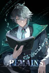 1boy absurdres ahoge alhaitham_(genshin_impact) alternate_costume aqua_necktie arm_rest black_background black_coat black_pants black_vest book brooch chinese_commentary closed_mouth coat collared_shirt cowboy_shot expressionless eyes_visible_through_hair fengtu_ad genshin_impact gradient_background green_background green_coat green_eyes grey_hair hair_over_one_eye highres holding holding_book jewelry layered_sleeves long_sleeves looking_at_viewer male_focus monocle necktie open_book open_clothes open_coat pants runes shirt short_hair single_off_shoulder single_sidelock solo two-sided_coat two-sided_fabric vest watermark white_shirt