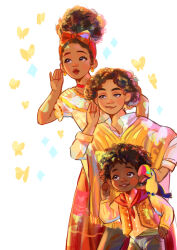 1girl 2boys absurdres age_difference animal animal_on_shoulder animal_print antonio_madrigal bird bird_on_shoulder black_outline brother_and_sister brothers brown_eyes bug butterfly butterfly_print camilo_madrigal choker commentary_request cupping_hand curly_hair dark-skinned_female dark-skinned_male dark_skin denim dolores_madrigal earrings encanto facing_viewer feet_out_of_frame fringe_trim hairband half-closed_eyes hand_on_own_hip hand_up heart heart_earrings height_difference high_collar highres insect jeans jewelry leaning_to_the_side light_blush lineup lips long_skirt long_sleeves looking_afar multiple_boys neckerchief orange_theme outline pants poncho pupe_(sennbee1027) raised_eyebrow realistic red_choker red_hairband red_neckerchief red_ribbon red_skirt ribbon shirt short_sleeves siblings simple_background skirt smile smirk sparkle standing thick_lips toucan very_dark_skin vest waistcoat white_background white_shirt yellow_butterfly yellow_shirt