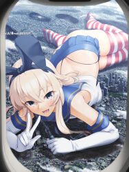1girl aircraft animal_ears arm_support black_hairband black_neckerchief black_panties blonde_hair blue_sailor_collar building city cloud destruction elbow_gloves footprints giant gloves hairband highres holding_building kantai_collection knees_together_feet_apart long_hair looking_at_viewer lying microskirt neckerchief off_shoulder on_side open_mouth outdoors panties pleated_skirt rabbit_ears rakia_(ds00309) sailor_collar school_uniform serafuku shimakaze_(kancolle) skirt sleeveless smile socks solo string_panties striped_clothes striped_socks striped_thighhighs thighhighs thighs tokyo_skytree tongue underwear v white_gloves white_serafuku window window_blinds yellow_eyes