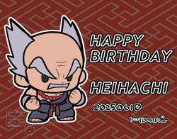 1boy balding bead_necklace beads clenched_hands dated facial_hair full_body grey_hair happy_birthday jewelry kotorai male_focus mishima_heihachi mustache necklace old old_man red_background signature solo tekken v-shaped_eyebrows watermark
