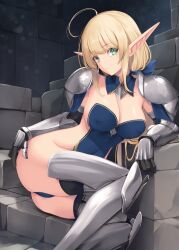 1girl :| ahoge armor armored_legwear black_gloves black_thighhighs blonde_hair blue_bow blue_collar blue_leotard blurry bokeh bow breasts brick_wall cleavage closed_mouth collar commentary_request covered_erect_nipples covered_navel depth_of_field detached_collar elf gauntlets gloves green_eyes hand_on_own_ass highleg highleg_leotard kirishima_satoshi large_breasts leotard leotard_elf_knightess_(kirishima_satoshi) light_particles long_hair long_pointy_ears looking_at_viewer original parted_lips pointy_ears shoulder_armor sideless_leotard sitting sitting_on_stairs solo stairs thighhighs thighs very_long_hair