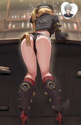 1girl absurdres alcohol ass ass_focus bar_(place) bar_stool black_boots black_jacket black_shorts blonde_hair boots combat_helmet commentary_request cup denim denim_shorts drunk from_behind from_below helmet highres jacket kneepits knees_together_feet_apart koutannkoburia leaning_forward leather leather_jacket long_hair long_legs luciana_de_montefio mug pickelhaube pigeon-toed shorts side_ponytail solo_focus speech_bubble standing stool thighs thought_bubble very_long_hair wise_(zenless_zone_zero) zenless_zone_zero