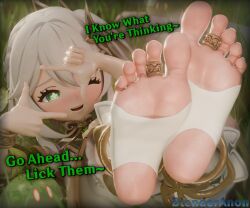 1girl barefoot blenderanon blush commentary english_commentary english_text feet foot_focus genshin_impact highres jewelry nahida_(genshin_impact) soles solo stirrup_footwear stirrup_legwear tagme toe_ring toeless_legwear
