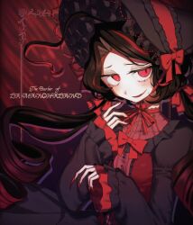 1girl absurdres ahoge alternate_costume black_bonnet black_dress black_hair bonnet bow dress drill_hair highres limbus_company long_hair looking_at_viewer multicolored_hair nicolina_(project_moon) nr6nzqrcgf60864 project_moon red_background red_bow red_eyes red_hair red_nails simple_background solo streaked_hair twin_drills twintails upper_body very_long_hair