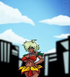 Rule 34 | 1girl, animated, artist name, bare shoulders, blue eyes, breasts, cleavage, covered erect nipples, curvy, dark-skinned female, dark skin, female focus, flower skirt, giant, giantess, green hair, hand on own hip, height growth, huge breasts, jungle de ikou, mii (jungle de ikou), navel, necklace, pelvic curtain, short hair, skull necklace, solo, tagme, underboob, upskirt, video, wide hips