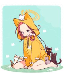 1girl 6+others alternate_costume alternate_hairstyle animal animal_ear_hood animal_on_head black_cat blue_archive border braid braided_hair_rings cat cat_on_head commentary_request dog fake_animal_ears green_background grey_cat grey_eyes hair_rings halo highres hood hoodie multiple_others on_ground on_head orange_cat orange_halo red_hair sitting wariza white_border white_cat yellow_hoodie yoru_nai yuzu_(blue_archive)