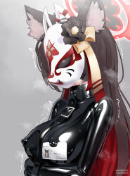 1girl absurdres alternate_costume animal_ear_fluff animal_ears black_bodysuit black_hair blue_archive bodysuit breasts colored_inner_hair covered_erect_nipples fox_ears fox_girl fox_mask halo highres impossible_bodysuit impossible_clothes large_breasts latex latex_bodysuit long_hair maguro27 mask mask_on_head multicolored_hair nipple_piercing piercing red_hair red_halo skin_tight solo very_long_hair wakamo_(blue_archive)
