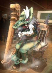 1girl absurdres animal_ears animal_hands animal_nose black_fur black_hair blurry blurry_background blush body_fur boots brown_footwear cat_ears cat_girl cat_tail claws constricted_pupils dress ears_through_headwear embarrassed female_focus full_body furry furry_female green_dress green_headwear hair_over_one_eye harp hat hat_feather highres indoors instrument long_hair long_sleeves matatabi_shimono music nose_blush on_chair one_eye_covered open_mouth original outline pee peeing peeing_self playing_instrument puddle sash sharp_teeth shirt silhouette sitting solo_focus steam tail tail_raised tears teeth wet wet_clothes whiskers white_shirt wide-eyed window wooden_floor yellow_eyes