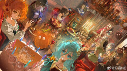 37_(reverse:1999) 6+girls absurdres alcohol animal_ears birthday_cake black_hair blue_coat blue_hair blue_hat blue_neckerchief blue_shirt bottle brown_eyes brown_hair brown_jacket cabbie_hat cake candle candlestand carbuncle_(reverse:1999) chair chicken_(food) coat cookie creature cup cupcake deer_ears deer_girl dress drinking drinking_glass dutch_angle feast food green_eyes grey_hair grey_hat hand_up hanging_light hat headband highres huanyin indoors jacket jessica_(reverse:1999) jessica_(voyage_from_your_bed)_(reverse:1999) kaalaa_baunaa laurel_crown long_hair looking_at_another looking_at_viewer lopera_(reverse:1999) marcus_(reverse:1999) melania_(reverse:1999) mercuria_(reverse:1999) multiple_girls neckerchief nixie_tube orange_eyes orange_hair pants purple_dress purple_eyes red_hair red_wine reverse:1999 scarf scenery shirt side_ponytail smile too_much_food top_hat tuesday_(reverse:1999) upper_body v vertin_(ipstar)_(reverse:1999) vertin_(reverse:1999) watermark weibo_watermark white_coat white_dress white_hat white_scarf white_shirt wine wine_bottle wine_glass yellow_shirt yenisei_(reverse:1999) yoga_pants