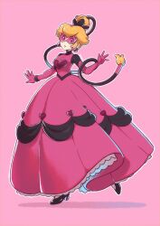 1girl alternate_costume artist_name black_shoes blonde_hair dress earrings elbow_gloves full_body gloves high_heels highres jewelry long_dress long_hair looking_at_viewer mario_(series) nintendo pink-tinted_eyewear pink_background pink_gloves princess_peach saiwo_(saiwoproject) science_fiction shoes simple_background solo sphere_earrings tinted_eyewear