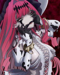 1girl baobhan_sith_(fate) baobhan_sith_(third_ascension)_(fate) black_hands bracelet breasts colored_extremities cross-laced_clothes cross-laced_dress detached_sleeves dress facial_mark fangs fate/grand_order fate_(series) frilled_hat frills gag grey_eyes hands_on_own_face hands_up hasebe_akira hat highres jewelry large_breasts long_hair pink_hair pointy_ears sidelocks smug solo spiked_bracelet spikes white_dress