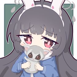 animal animal_ears blue_archive blue_shirt blush_stickers chibi fake_animal_ears halo leaf leaf_on_head long_hair long_sleeves miyu_(blue_archive) no_nose red_eyes school_uniform serafuku shirt umihio upper_body