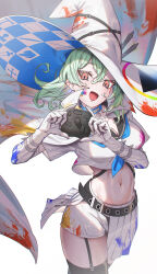1girl :d belt black_belt black_sailor_collar black_thighhighs blue_choker blue_neckerchief breasts cape choker cleavage color_picker color_wheel colored_eyelashes controller elbow_gloves facial_tattoo flipped_hair garter_straps gloves green_hair hair_between_eyes hat highres hironii_(hironi3) holding holding_controller looking_at_viewer medium_breasts medium_hair navel neckerchief open_mouth orange_eyes original paint_on_clothes paint_splatter pants pleated_skirt sailor_collar sailor_shirt shirt short_sleeves skirt smile solo stomach strap tattoo thighhighs thighs torn_clothes torn_skirt tourbox white_background white_cape white_gloves white_hat white_pants white_shirt white_skirt wide_brim witch witch_hat wristband
