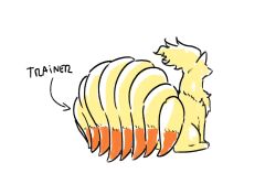 arrow_(symbol) creatures_(company) english_text facing_away from_behind full_body game_freak gen_1_pokemon multiple_tails ninetales nintendo pokemon pokemon_(creature) pokemon_focus shibulio tail white_background yellow_fur