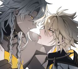 2boys antenna_hair blonde_hair blush collarbone couple dark-skinned_male dark_skin from_side grey_hair hair_between_eyes heavy_breathing highres holding_another&#039;s_wrist honkai_(series) korean_commentary leaning_forward looking_at_another looking_down looking_up multiple_boys multiple_scars muscular muscular_male nanook_(honkai:_star_rail) orange_eyes parted_lips phainon_(honkai:_star_rail) pin3909 scar scar_on_face short_hair simple_background spiked_hair sweat tongue tongue_out upper_body white_background yaoi yellow_blood