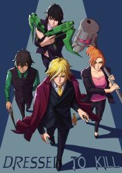 black_hair blonde_hair brown_hair cane cape_jacket formal_clothes gun hammer jacket jacket_on_shoulders jaune_arc lie_ren multicolored_hair nora_valkyrie orange_hair oscar_pine over_shoulder rwby scar scar_on_arm scar_on_chest streaked_hair suit suit_jacket sword text_background walking weapon weapon_over_shoulder yirienkaki