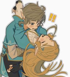 Rule 34 | !, !!, 1boy, 1girl, 2yang, ^ ^, black gloves, black pants, blonde hair, blue eyes, blue shirt, braid, champion&#039;s tunic (zelda), closed eyes, commentary, crown braid, fingerless gloves, gloves, grey outline, hair ornament, hairclip, hashtag-only commentary, highres, hug, link, long hair, medium hair, nintendo, open mouth, outline, pants, princess zelda, shirt, simple background, smile, the legend of zelda, the legend of zelda: breath of the wild, white background