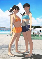 Rule 34 | 2girls, bare shoulders, bikini, bikini skirt, black hair, blue bikini, blue sky, blunt bangs, blurry, cellphone, closed mouth, cloud, cloudy sky, cumulonimbus cloud, day, denim, denim shorts, depth of field, frilled bikini top, full body, grin, halterneck, highres, mole, mole under mouth, multiple girls, navel, orange bikini, original, outdoors, parted bangs, phone, polka dot, polka dot bikini, ponytail, selfie stick, shinchou ni kansuru kousatsu, short hair, shorts, sky, slippers, smartphone, smile, standing, strap, strapless, swimsuit, tube top, twintails, white slippers