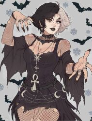 absurdres black_bow black_hair black_lips black_skirt blue_eyes bow breasts cleavage collar earrings fang fishnet_pantyhose fishnets goat goth_fashion grey_eyes hair_rings heterochromia highres jewelry luna_snow makeup marvel marvel_rivals mascara medium_breasts moon multicolored_hair nose_piercing pantyhose piercing ring short_hair simple_background skirt snow spiked_collar spikes split-color_hair swimsuit torn_clothes torn_pantyhose white_hair yellow_eyes yoracrab