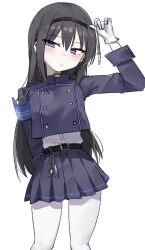 Rule 34 | 1girl, :/, akemi homura, arm behind back, armband, belt, black belt, black hair, black hairband, black jacket, black skirt, blue archive, blue armband, blush, buttons, commentary, cosplay, double-breasted, eyes visible through hair, gloves, hair between eyes, hairband, hand up, highres, hikari (blue archive), hikari (blue archive) (cosplay), jacket, long hair, long sleeves, looking at viewer, miniskirt, pantyhose, pleated skirt, purple eyes, shirt, simple background, skirt, solo, very long hair, whistle, white background, white gloves, white pantyhose, white shirt, xcider