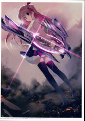 1girl 2008 5pb. absurdres antenna_hair black_thighhighs bow breasts chaos;head cloud cloudy_sky collared_shirt d-sword dated debris ears_visible_through_hair earthquake floating_hair from_behind grey_sky hair_ribbon hand_up highres holding holding_sword holding_weapon jacket long_hair looking_at_viewer looking_back official_art one_side_up pink_eyes pink_hair plaid_clothes ribbon sakihata_rimi sasaki_mutsumi school_emblem school_uniform shibuya_(tokyo) shibuya_109 shiny_skin shirt skirt sky smoke solo stray_hair suimei_academy suimei_school_uniform sword thighhighs tokyo_(city) weapon white_petticoat white_shirt