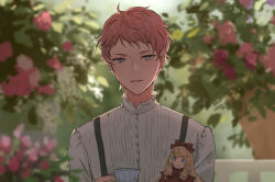1boy blue_eyes blurry blurry_background cup ensemble_stars! flower holding holding_cup itsuki_shu long_sleeves looking_at_viewer mademoiselle_(ensemble_stars!) male_focus multiple_boys open_mouth outdoors pink_flower pink_hair shirt short_bangs short_hair teacup upper_body white_shirt yutsumoe