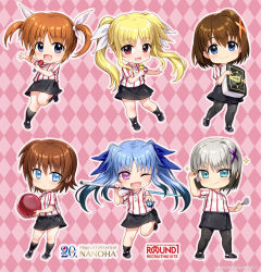 6+girls 8-ball :d ;d argyle_background ball billiard_ball black_pantyhose black_shoes black_skirt black_socks blonde_hair blue_eyes blue_hair book bowling_ball brown_hair character_request closed_mouth collared_shirt commentary_request cue_stick dart fang fate_testarossa fujima_takuya grey_hair hair_between_eyes hair_ornament hair_ribbon holding holding_ball holding_book holding_microphone levi_the_slasher long_hair lord_dearche lyrical_nanoha mahou_shoujo_lyrical_nanoha microphone multiple_girls official_art one_eye_closed open_mouth pantyhose pink_background polo_shirt puffy_short_sleeves puffy_sleeves purple_eyes red_eyes ribbon shirt shoes short_sleeves skirt smile socks sparkle striped_clothes striped_shirt takamachi_nanoha twintails v-shaped_eyebrows vertical-striped_clothes vertical-striped_shirt very_long_hair white_ribbon white_shirt x_hair_ornament yagami_hayate