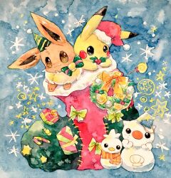 Rule 34 | black eyes, blue background, brown eyes, character snowman, christmas, christmas stocking, christmas wreath, eevee, full body, gen 1 pokemon, gen 3 pokemon, gen 5 pokemon, hat, nintendo, no humans, non (kumakawayusu), oshawott, party hat, pikachu, pokemon, pokemon (creature), red hat, torchic, traditional media, wreath