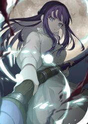 1girl blood breasts collar commentary_request dress feet_out_of_frame fern_(sousou_no_frieren) floating_clothes floating_hair frilled_collar frills full_moon grey_eyes hair_over_shoulder highres holding holding_staff itame_moyashi large_breasts long_hair long_sidelocks long_sleeves looking_at_viewer mage_staff magic moon night night_sky outdoors parted_lips purple_eyes scene_reference serious sidelocks sky solo sousou_no_frieren staff white_dress