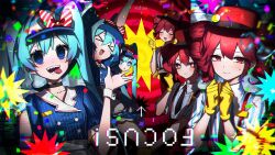 &gt;_&lt; 2girls :d :o @_@ almn_sk arrow_(symbol) black_necktie blue_dress blue_hair blush bow buttons clenched_hands collarbone collared_dress collared_shirt diagonal-striped_bow double-breasted dress drill_hair hair_between_eyes hands_up hat hat_bow hatsune_miku highres kasane_teto l_hand lips looking_at_viewer mesmerizer_(vocaloid) multiple_girls multiple_views necktie open_mouth pinstripe_dress pinstripe_hat pinstripe_pattern red_background red_bow red_eyes red_hat sailor_collar sharp_teeth shirt short_sleeves sleeves_rolled_up smile smiley_hat_ornament star-shaped_pupils star_(symbol) striped_clothes striped_shirt suspenders sweatdrop symbol-shaped_pupils teeth tongue tongue_out twin_drills twintails two-tone_bow utau visor_cap vocaloid white_bow white_shirt white_wrist_cuffs wing_collar wrist_cuffs
