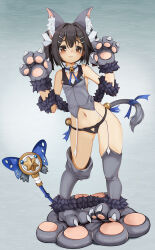 1girl :3 absurdres animal_ear_fluff animal_ears animal_hands arms_up bell black_hair black_panties blush brown_eyes cat_ears cat_tail claw_pose fake_animal_ears fake_tail fate/kaleid_liner_prisma_illya fate_(series) full_body garter_straps gloves gluteal_fold grey_gloves grey_thighhighs grey_vest hair_ornament hairclip highres jingle_bell kaleidostick loli loose_thighhigh magical_sapphire miyu_edelfelt miyu_edelfelt_(beast_style) neck_bell no_pants panties paw_gloves paw_shoes ribbon short_hair sleeveless smile standing tail thighhighs thighs two_side_up underwear vest yume_no_hana_(sbac0019)