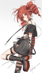 1girl absurdres arm_tattoo artist_name black_boots black_choker black_shirt black_skirt blush boots choker colored_shoe_soles commentary dated drill_hair fingerless_gloves from_side gloves gradient_background highres kasane_teto kieed leg_up looking_at_viewer looking_to_the_side midriff platform_boots pleated_skirt red_eyes red_hair revision shirt signature single_sleeve skirt solo striped_sleeves tattoo thigh_strap twin_drills utau