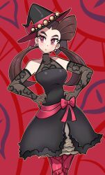 1girl bare_shoulders black_dress black_hat blush breasts brown_hair dress earrings elbow_gloves eyelashes gloves hair_pulled_back halloween_costume hat highres jewelry long_hair looking_at_viewer missandydandy nintendo official_alternate_costume pantyhose pink_pantyhose pokemon pokemon_masters_ex red_eyes roxanne_(fall_2023)_(pokemon) roxanne_(pokemon) twintails witch_hat