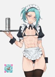 1girl abs apron aqua_hair arm_tattoo bikini black_shrug black_thighhighs black_wrist_cuffs breasts breasts_apart can closed_mouth commentary cowboy_shot drink_can ear_piercing english_commentary face_piercings hand_up highres kuso_otoko long_hair looking_at_viewer maid maid_bikini maid_headdress medium_breasts monster_energy original piercing purple_eyes qr_code shrug_(clothing) skindentation soda_can solo string_bikini swimsuit tattoo thighhighs tray unconventional_maid waist_apron white_background white_headdress wrist_cuffs