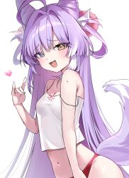 1girl :3 blue_eyes breasts camisole commentary fox_girl fox_shadow_puppet fox_tail hair_horns heterochromia highres korean_commentary long_hair long_sleeves looking_at_viewer mismatched_pupils navel nyaruin open_mouth panties purple_hair red_panties red_pupils simple_background small_breasts stellive strap_slip tail tenko_shibuki underwear very_long_hair virtual_youtuber white_background white_camisole yellow_eyes yellow_pupils