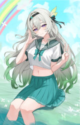 1girl absurdres alternate_costume black_hairband blue_sky breasts chinese_commentary commentary_request dated firefly_(honkai:_star_rail) green_neckerchief green_sailor_collar green_skirt grey_hair hairband highres honkai:_star_rail honkai_(series) lao_xi large_breasts long_hair midriff multicolored_eyes navel neckerchief pleated_skirt rainbow sailor_collar school_uniform serafuku sitting skirt sky smile solo two-tone_eyes v very_long_hair white_serafuku