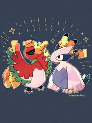 animal_focus artist_name beak bird_tail blue_background chibi closed_eyes colored_skin commentary_request creatures_(company) emphasis_lines game_freak gen_1_pokemon gen_2_pokemon hanabusaoekaki highres ho-oh legendary_pokemon lugia nintendo no_humans open_mouth pikachu pokemon pokemon_(creature) simple_background star_(symbol) tail wings yellow_skin