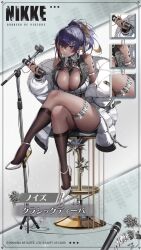 1girl amplifier animated ass bare_shoulders belt black_hair blonde_hair blue_eyes blush bow bowtie breasts cleavage commentary_request dark-skinned_female dark_skin earrings fingernails goddess_of_victory:_nikke hair_ornament high_heels high_ponytail highres holster jewelry large_breasts lips long_hair looking_at_viewer microphone microphone_stand mole mole_on_breast nail_polish necktie noise_(classic_diva)_(nikke) noise_(nikke) official_art overskirt parted_lips ponytail shiny_skin short_shorts shorts simple_background sitting sleeveless solo sound striped_clothes tagme talking thigh_holster thighs vertical-striped_clothes vertical-striped_necktie video wire yoya_yogurt