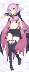 &gt;:( 1girl 2023 bed_sheet black_boots black_cape black_choker black_skirt black_thighhighs blue_eyes blush boots breasts cape cape_hold chiyoda_momo choker closed_mouth clothes_lift collarbone commentary_request crop_top dakimakura_(medium) dated_commentary fingerless_gloves food frilled_shirt frills from_above frown fruit full_body gloves gluteal_fold grey_gloves groin hair_between_eyes hair_ornament hair_spread_out hand_up heart heart_print highleg highleg_panties highres knees_together_feet_apart looking_at_viewer lying machikado_mazoku miniskirt narumiya_(empty_cafe) navel official_alternate_costume on_back panties peach pink_cape pink_hair pink_shirt pleated_skirt ponytail print_thighhighs purple_panties scar scar_on_arm scar_on_stomach shirt short_hair side-tie_panties sidelocks skirt skirt_lift small_breasts solo stomach thigh_gap thighhighs thighs two-sided_cape two-sided_fabric underwear v-shaped_eyebrows wing_hair_ornament x_hair_ornament