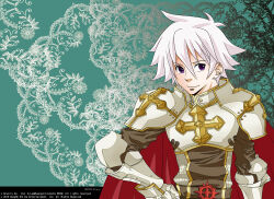 Rule 34 | 1boy, 2010, alternate eye color, armor, blue background, breastplate, brown shirt, brown tabard, cape, chainmail, closed mouth, commentary request, copyright notice, cross, cross of prontera, gauntlets, hair between eyes, john (strike-shank), lace background, looking at viewer, lord knight (ragnarok online), male focus, pauldrons, purple eyes, ragnarok online, red cape, seyren windsor, shirt, short hair, shoulder armor, smile, solo, tabard, upper body, white hair