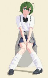 Rule 34 | 1girl, :/, absurdres, alternate costume, androgynous, antennae, black bow, black bowtie, black shoes, blue skirt, blush, bow, bowtie, cardigan, cardigan around waist, clothes around waist, commentary request, contemporary, doubutsu koujou, full body, green eyes, green hair, grey cardigan, highres, invisible chair, knees together feet apart, loafers, looking at viewer, loose socks, school uniform, shirt, shoes, short hair, sitting, skirt, socks, solo, touhou, white shirt, white socks, wriggle nightbug